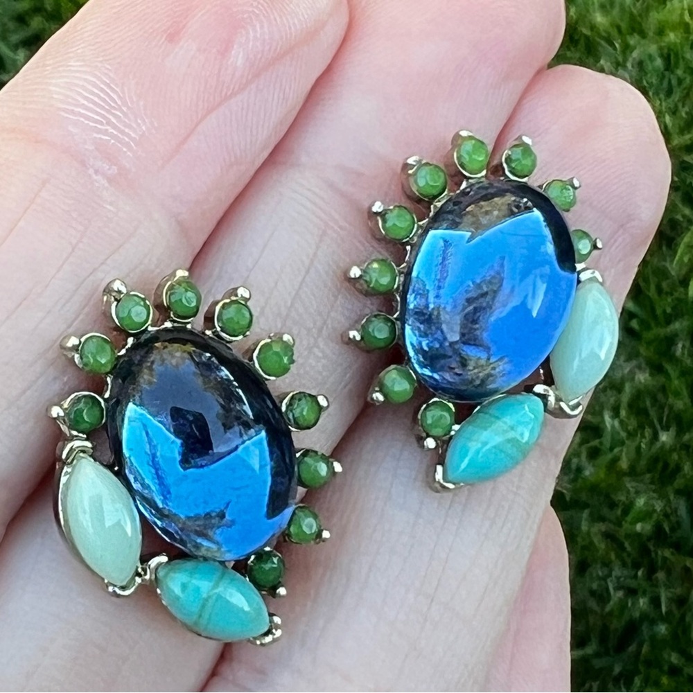 Banana Republic Silver Tone Blue Moonstone Stud Earrings with Aqua Stone Accents